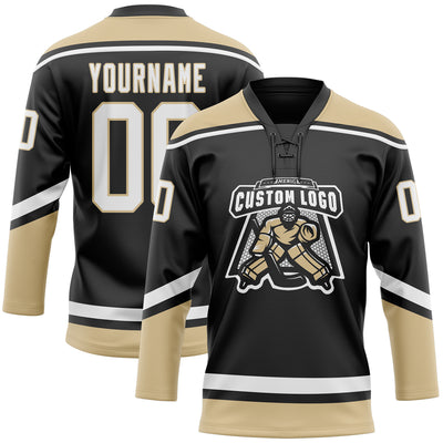 Custom Black White-Old Gold Hockey Lace Neck Jersey