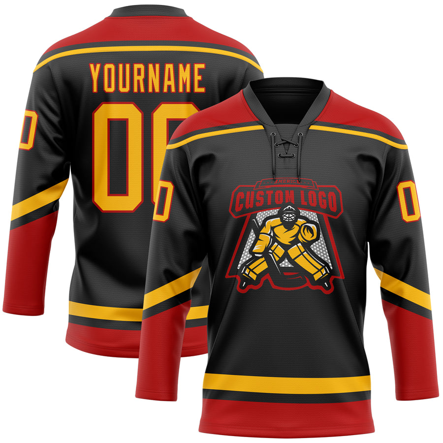 Custom Black Gold-Red Hockey Lace Neck Jersey