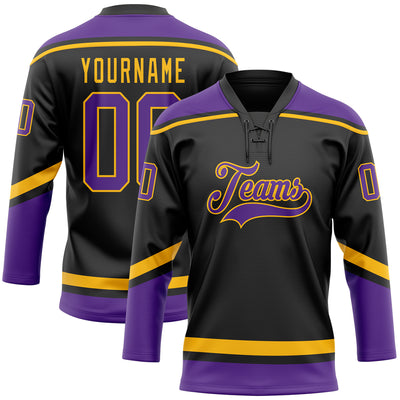 Custom Black Purple-Gold Hockey Lace Neck Jersey