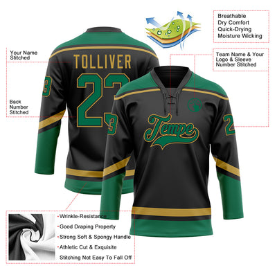 Custom Black Kelly Green-Old Gold Hockey Lace Neck Jersey