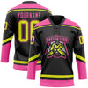 Custom Black Neon Yellow-Pink Hockey Lace Neck Jersey