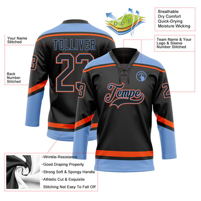 Custom Black Powder Blue-Orange Hockey Lace Neck Jersey