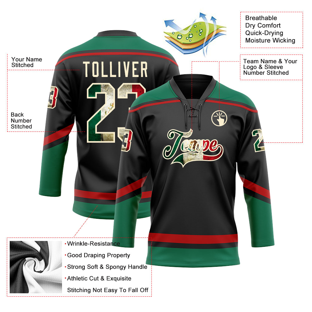 Custom Green Cream-Red Hockey Jersey Men's Size:S