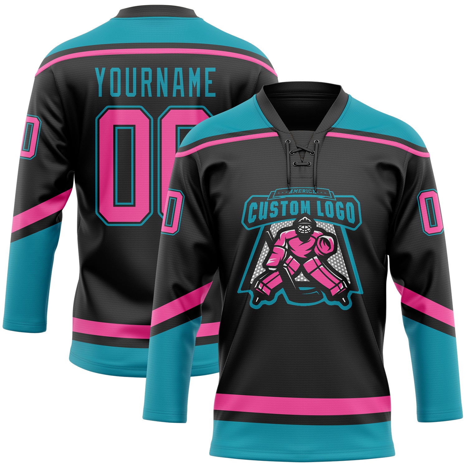 Custom Hockey Jersey Black Pink-Teal Hockey Lace Neck Jersey Women's Size:S