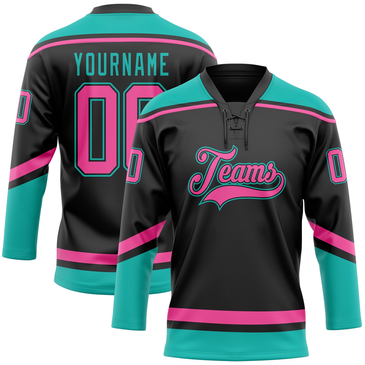 Custom Hockey Jersey Black Pink-Aqua Hockey Lace Neck Jersey Men's Size:3XL