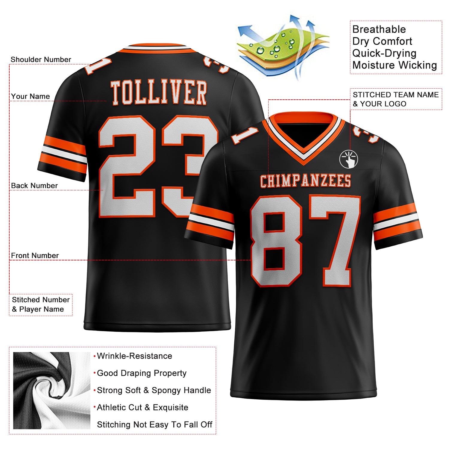 Custom Orange White-Black Mesh Authentic Football Jersey - FansIdea