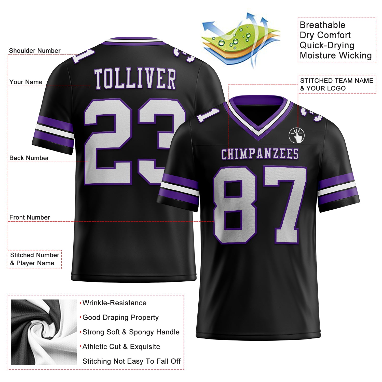 Custom Black Football Jersey White-Purple Mesh Authentic - FansIdea