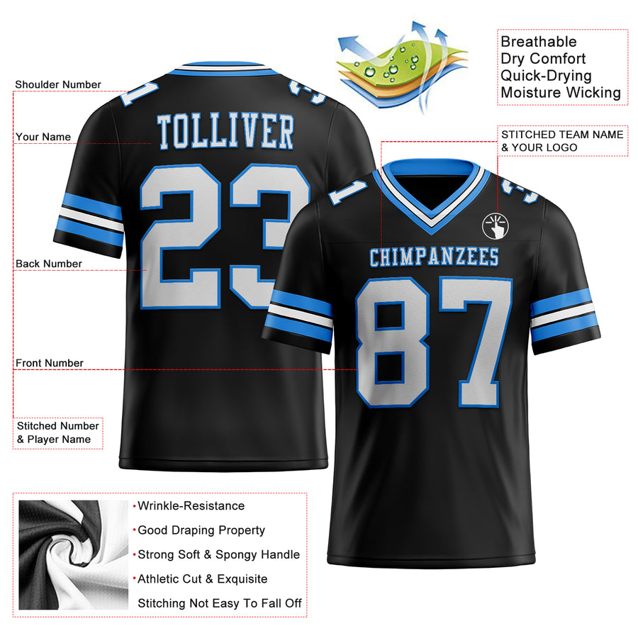 Custom Black White-Powder Blue Mesh Authentic Football Jersey