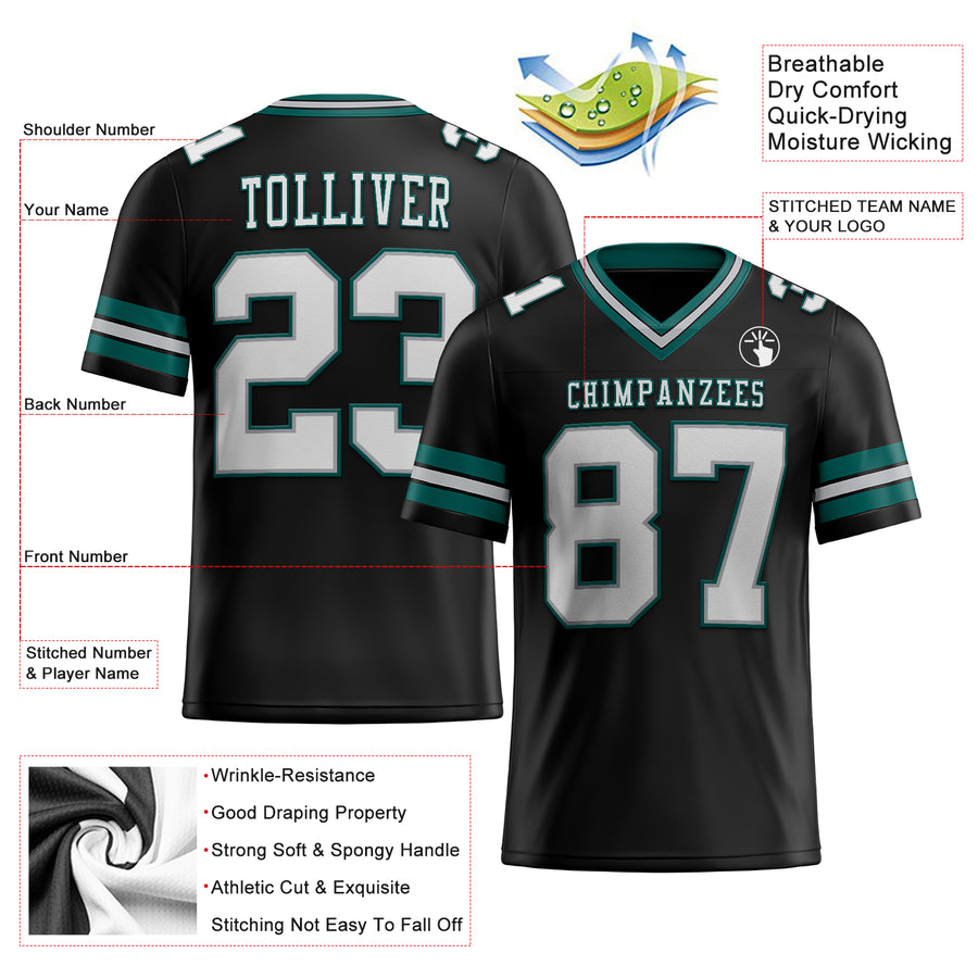 Custom Black White Gray-Midnight Green Mesh Authentic Football Jersey