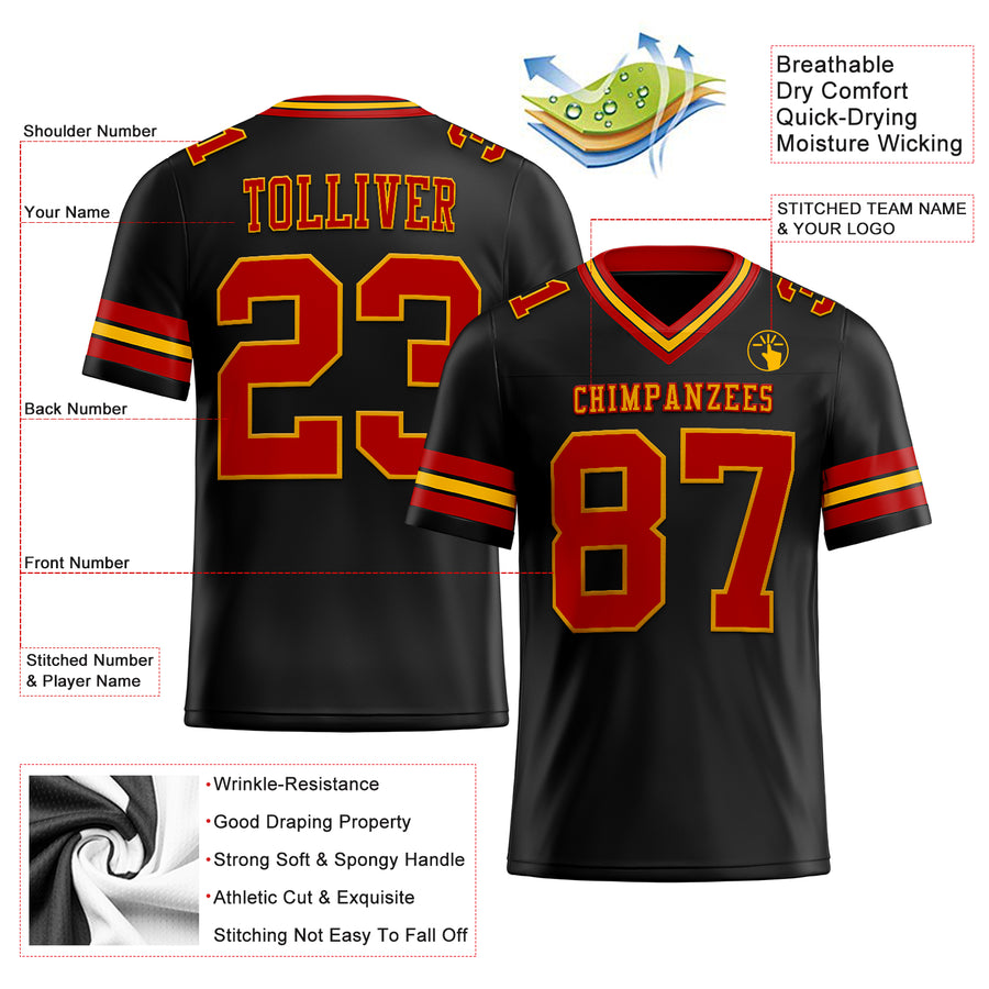 Custom Black Red-Gold Mesh Authentic Football Jersey