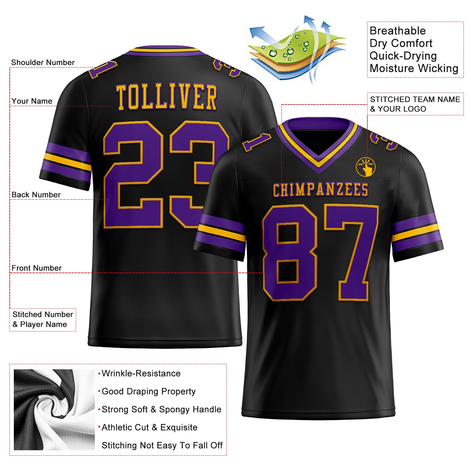Custom Purple Gold Mesh Authentic Football Jersey – ZhongXingHuiTian