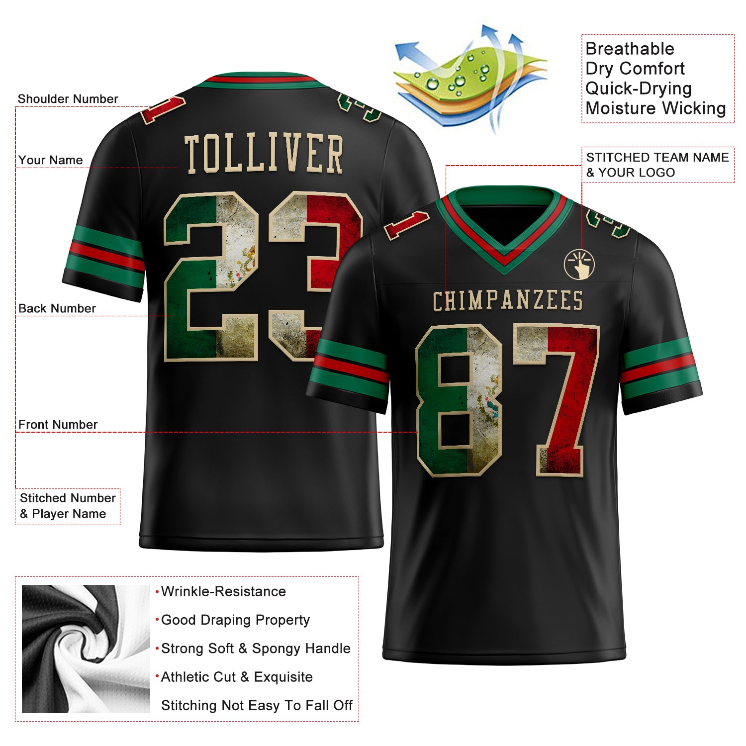 Custom Green White-Red Mesh Authentic Football Jersey