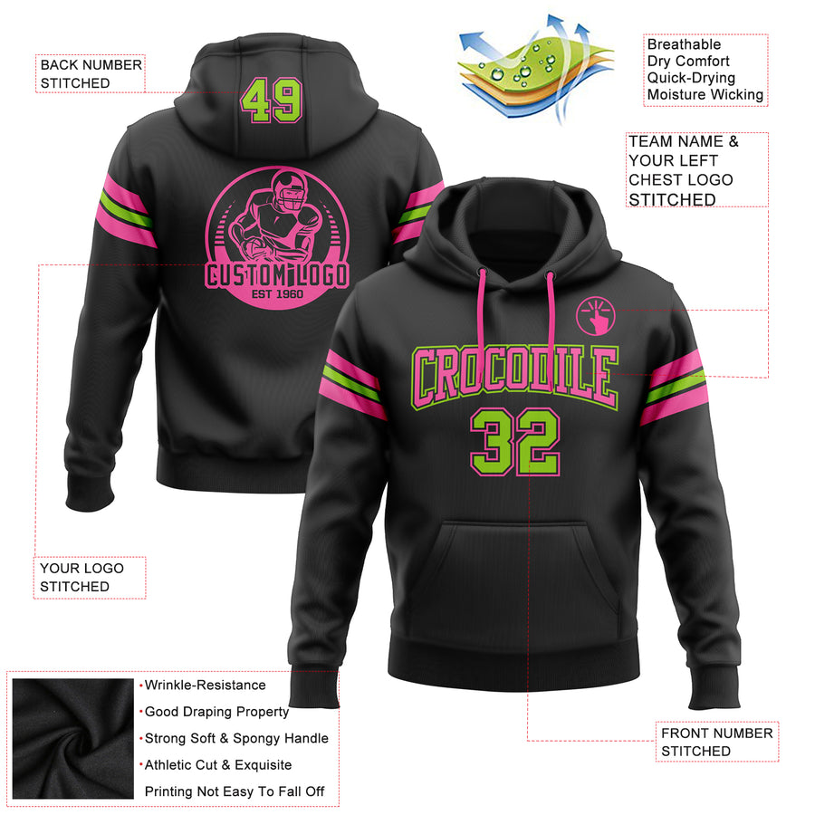 Custom Stitched Black Neon Green-Pink Football Pullover Sweatshirt Hoodie