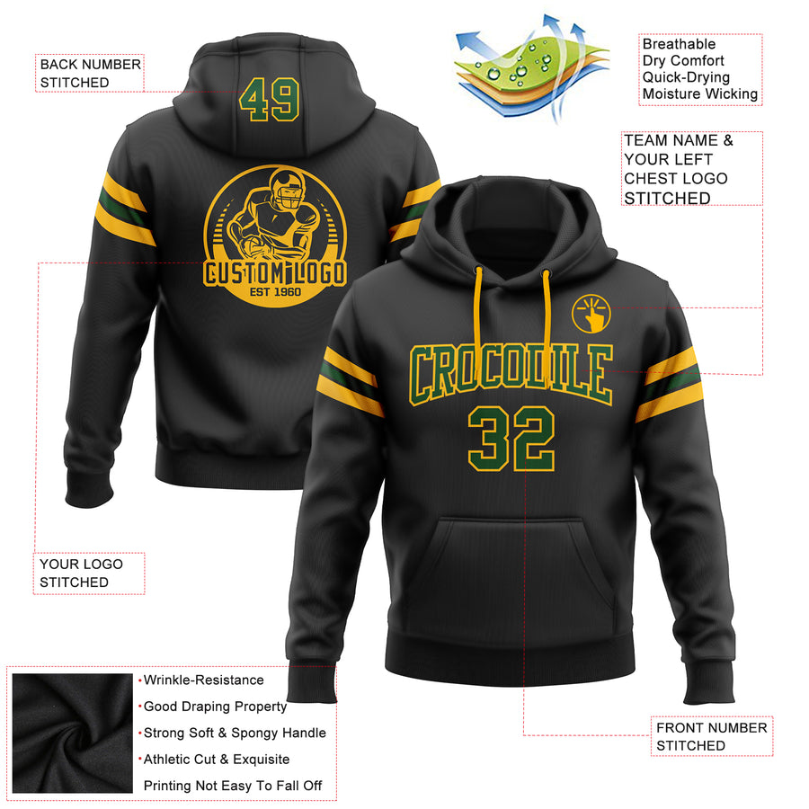 Custom Stitched Black Green-Gold Football Pullover Sweatshirt Hoodie