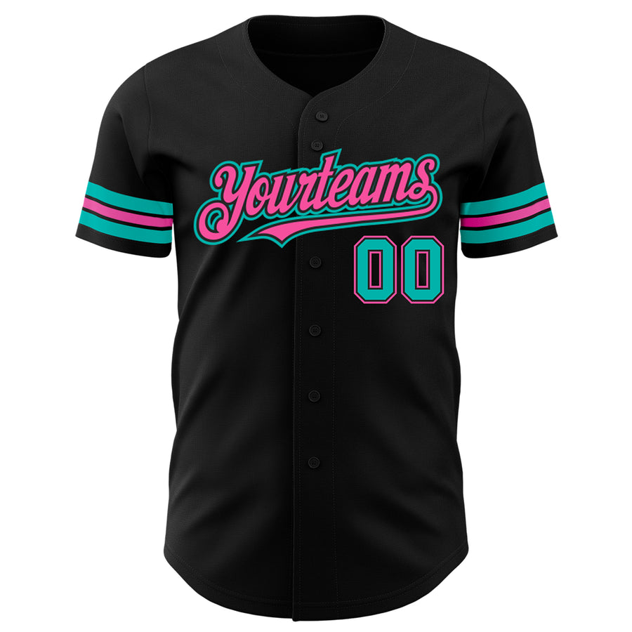 Custom Black Aqua-Pink Authentic Baseball Jersey