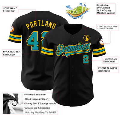 Custom Black Teal-Yellow Authentic Baseball Jersey