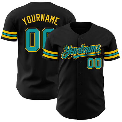 Custom Black Teal-Yellow Authentic Baseball Jersey