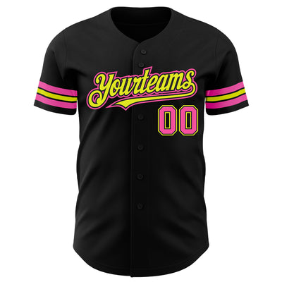 Custom Black Pink-Neon Yellow Authentic Baseball Jersey