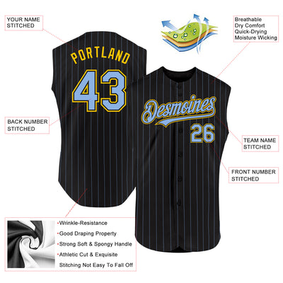 Custom Black Light Blue Pinstripe Yellow Authentic Sleeveless Baseball Jersey