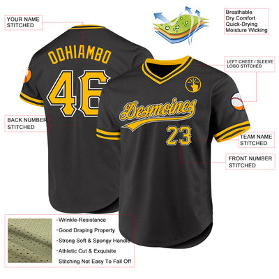 Custom Black Gold-White Authentic Throwback Baseball Jersey