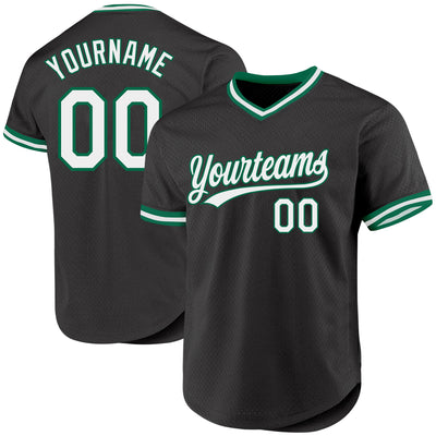 Custom Black White-Kelly Green Authentic Throwback Baseball Jersey