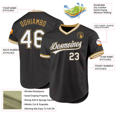 Custom Black White-Old Gold Authentic Throwback Baseball Jersey