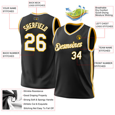 Custom Black White-Gold Authentic Throwback Basketball Jersey