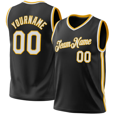 Custom Black White-Gold Authentic Throwback Basketball Jersey