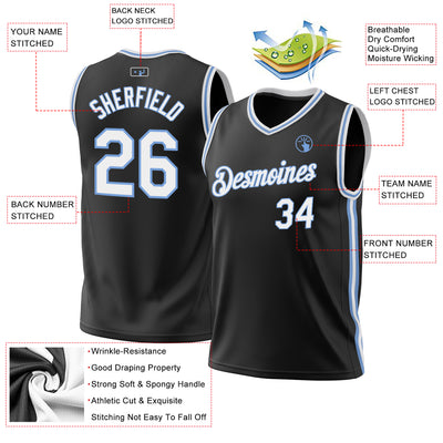 Custom Black White-Light Blue Authentic Throwback Basketball Jersey