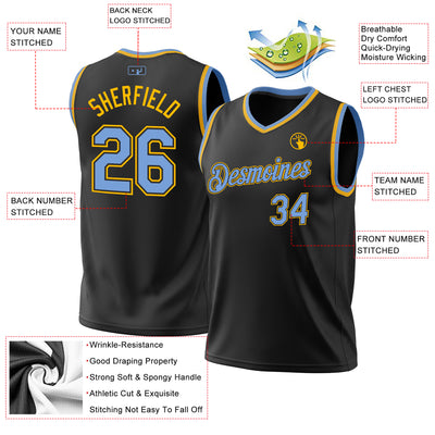 Custom Black Light Blue-Gold Authentic Throwback Basketball Jersey