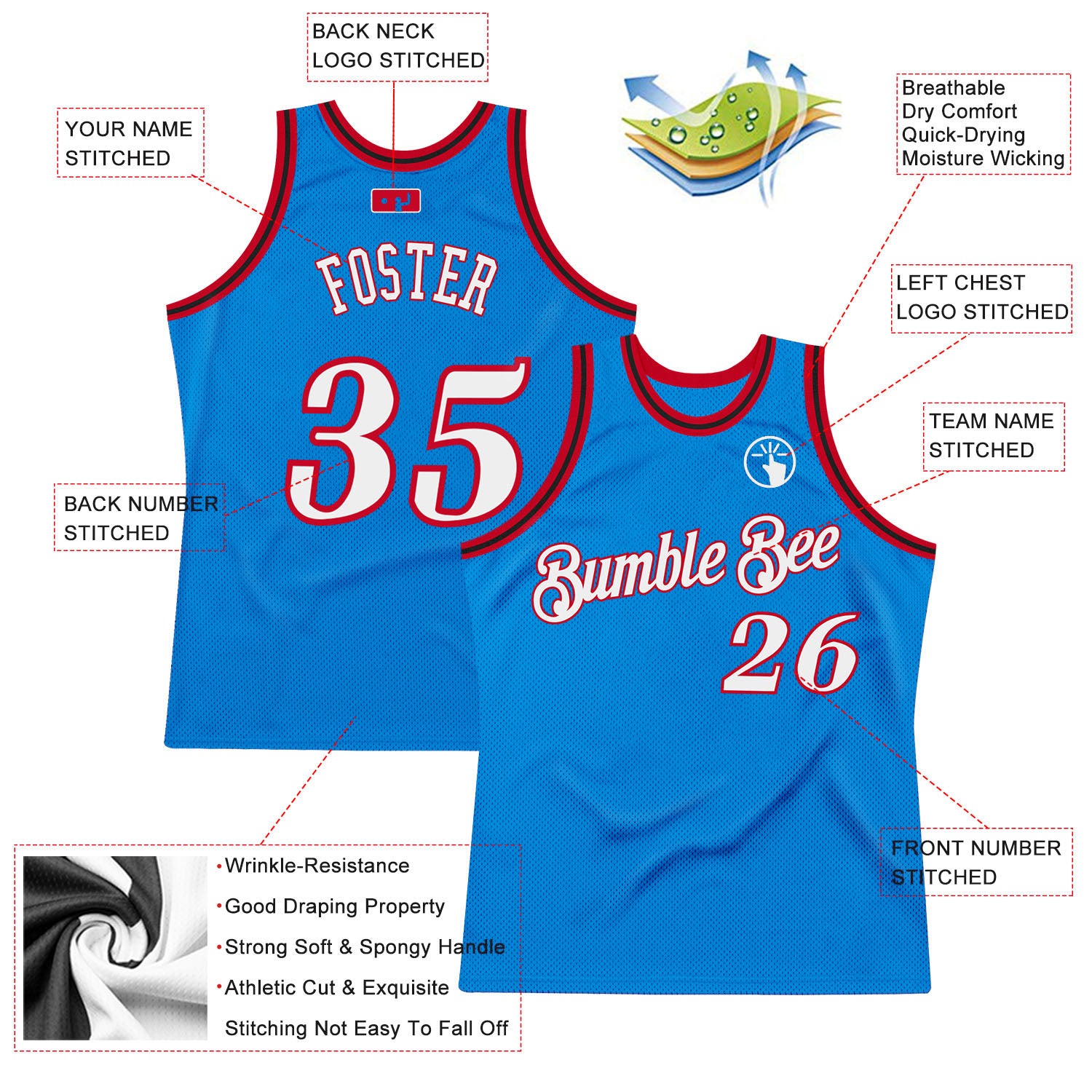 Custom Blue White-Red Authentic Throwback Basketball Jersey