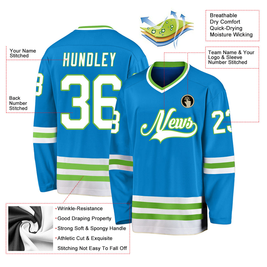 Custom Blue White-Neon Green Hockey Jersey