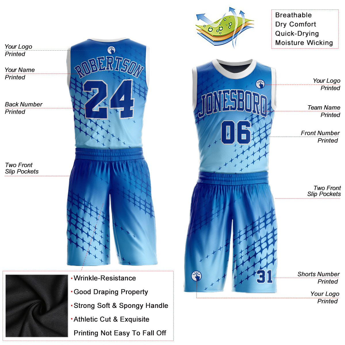 FANSIDEA Custom Basketball Jersey Black Royal-Light Blue Round Neck Sublimation Basketball Suit Jersey Men's Size:2XL