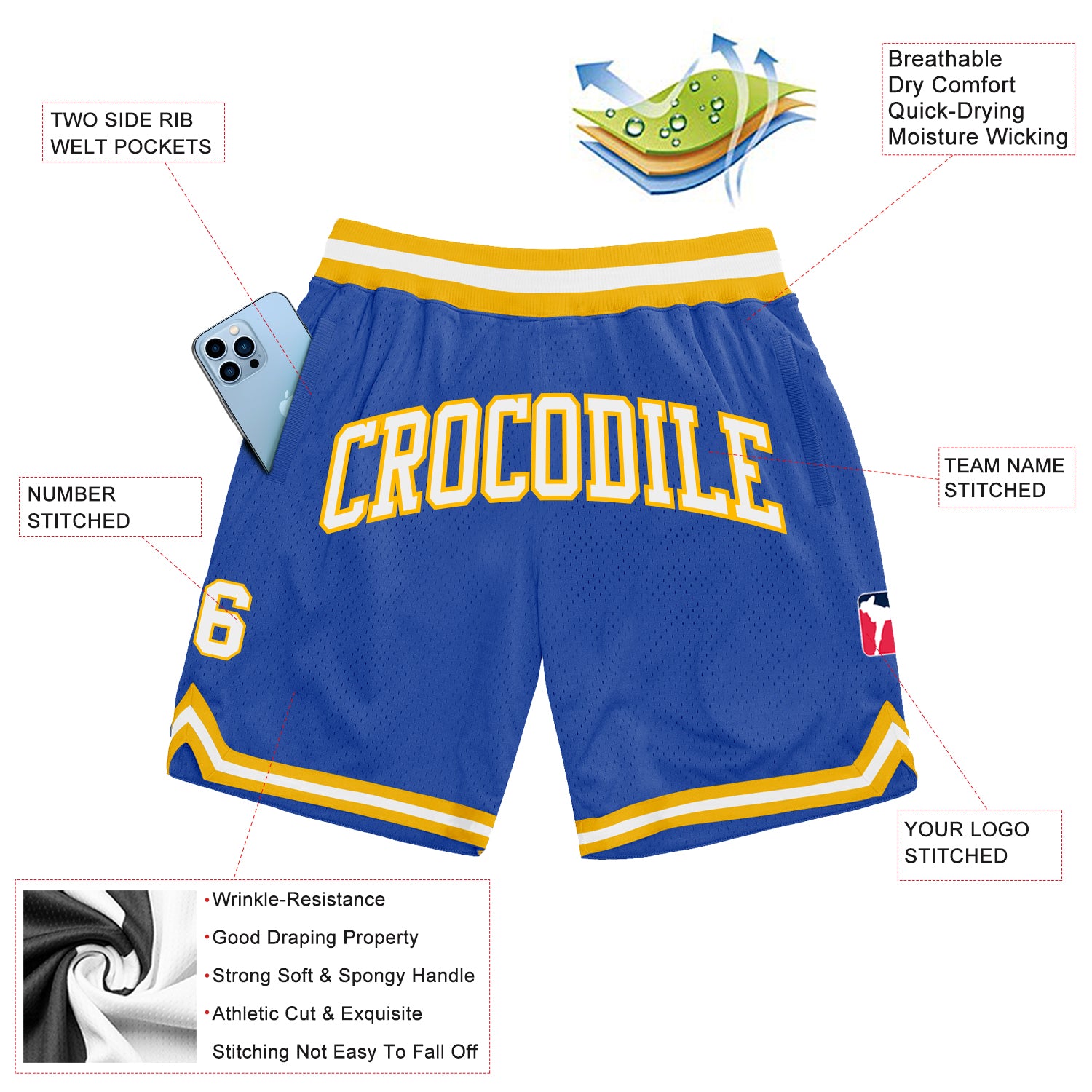 Custom Blue White-Gold Authentic Throwback Basketball Shorts