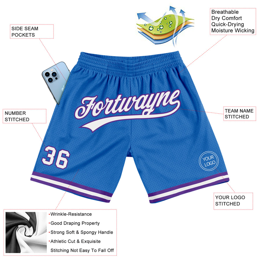 Custom Blue White-Purple Authentic Throwback Basketball Shorts