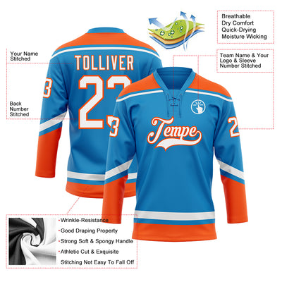 Custom Blue White-Orange Hockey Lace Neck Jersey