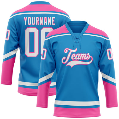 Custom Blue White-Pink Hockey Lace Neck Jersey