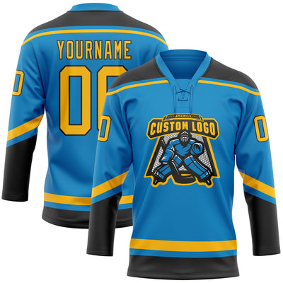 Custom Blue Gold-Black Hockey Lace Neck Jersey