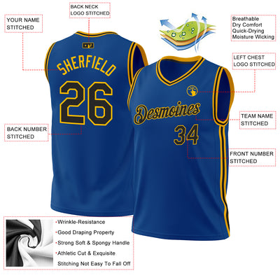 Custom Blue Black-Gold Authentic Throwback Basketball Jersey