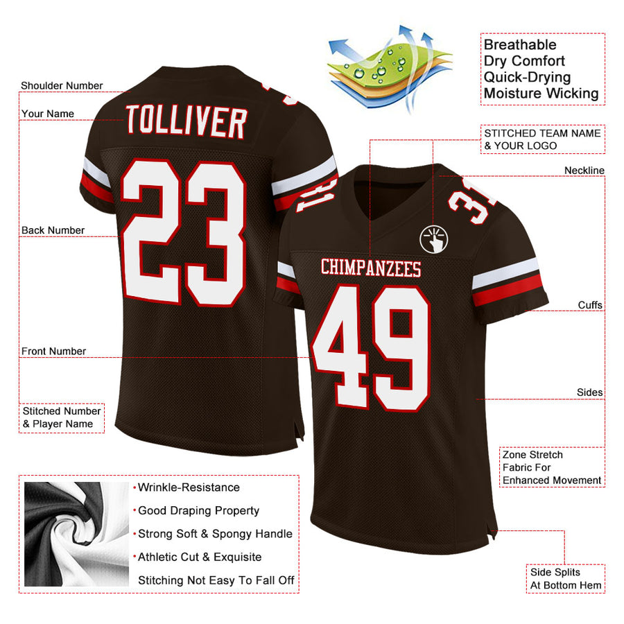 Custom Brown White-Red Mesh Authentic Football Jersey