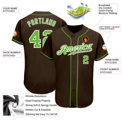 Custom Brown Neon Green-White Authentic Baseball Jersey