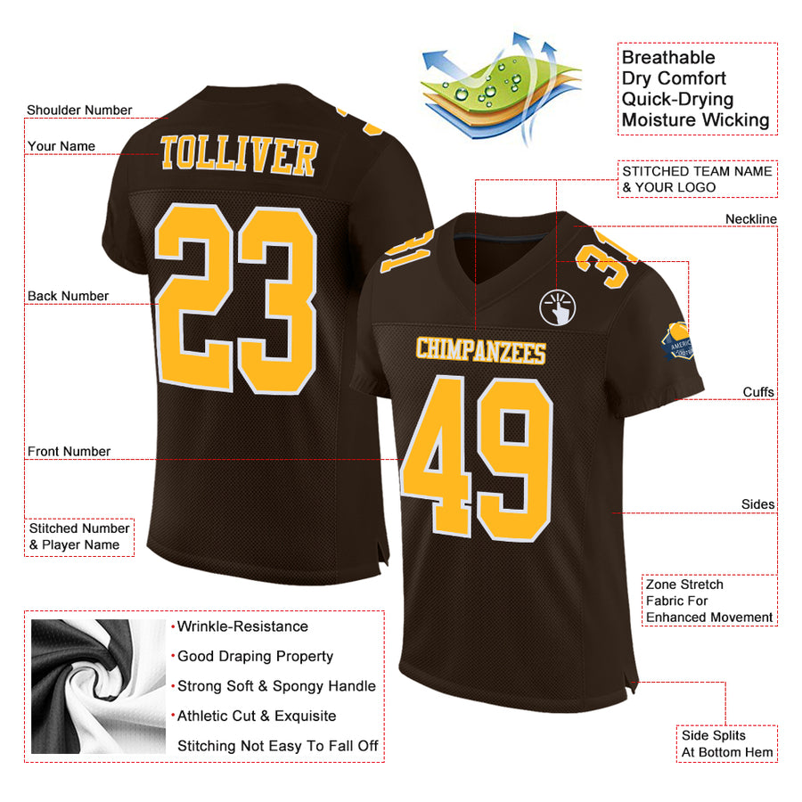 Custom Brown Gold-White Mesh Authentic Football Jersey