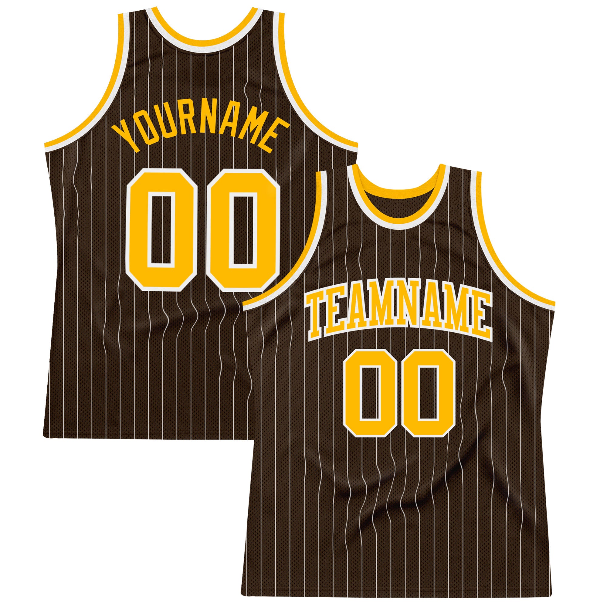 Custom Brown White Pinstripe Gold Authentic Basketball Jersey