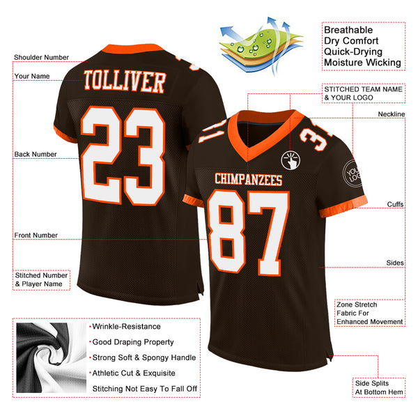 Custom Team Brown Football Authentic Orange Mesh Jersey White