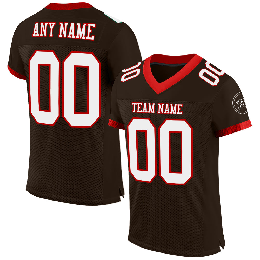 Custom Brown Football Jersey White-Red Mesh Authentic - FansIdea