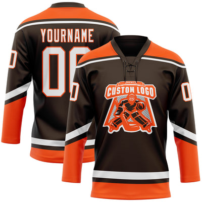 Custom Brown White-Orange Hockey Lace Neck Jersey