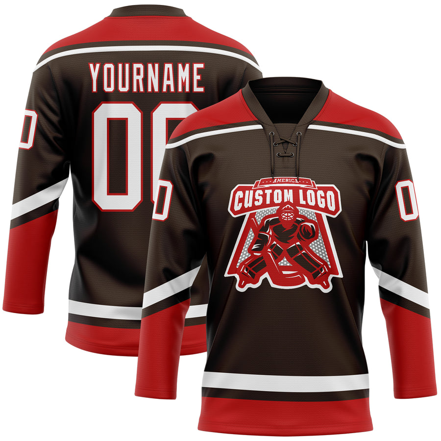 Custom Brown White-Red Hockey Lace Neck Jersey