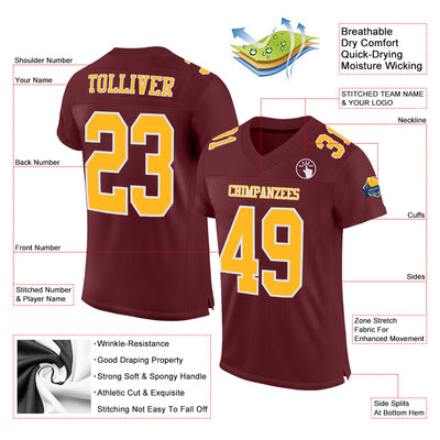 Custom Burgundy Gold-White Mesh Authentic Football Jersey