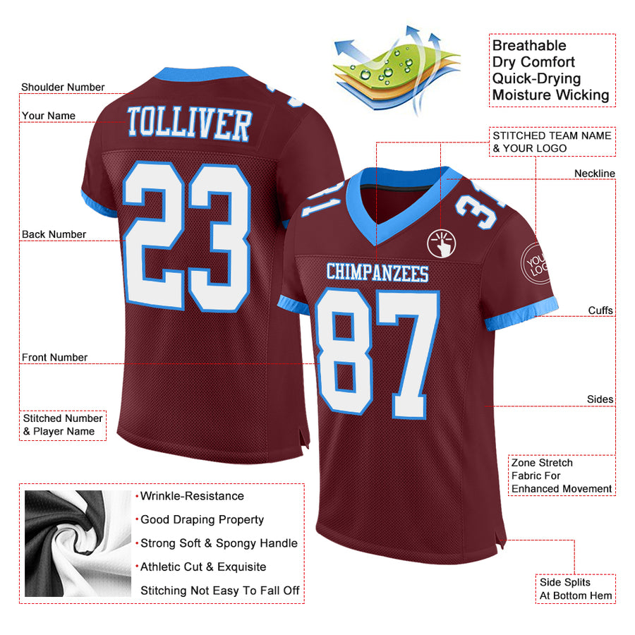 Custom Burgundy White-Powder Blue Mesh Authentic Football Jersey