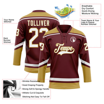 Custom Burgundy White-Old Gold Hockey Lace Neck Jersey